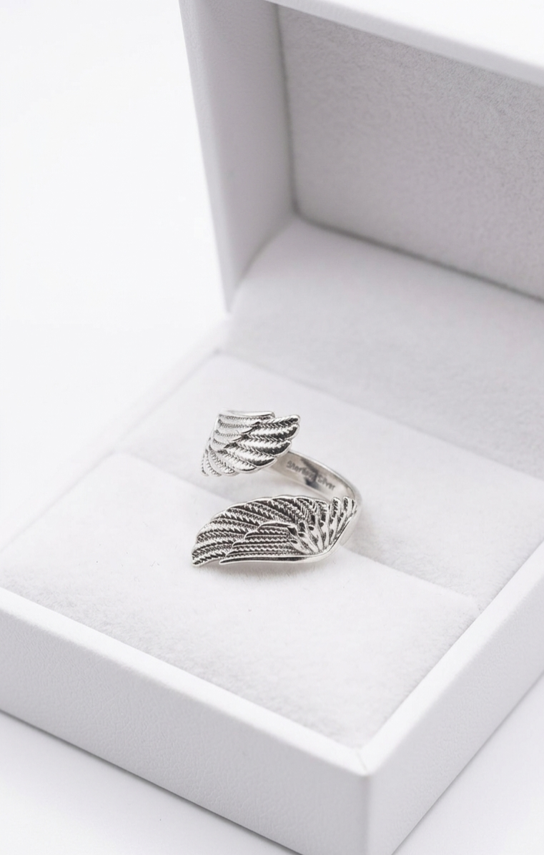 Adjustable Angel Wings Silver Ring Waterproof Tarnish Free