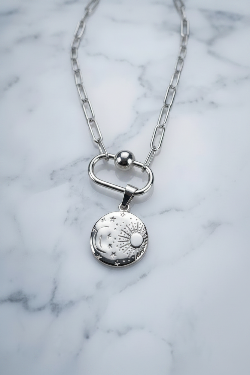 Silver Sun, Moon and Stars Pendant