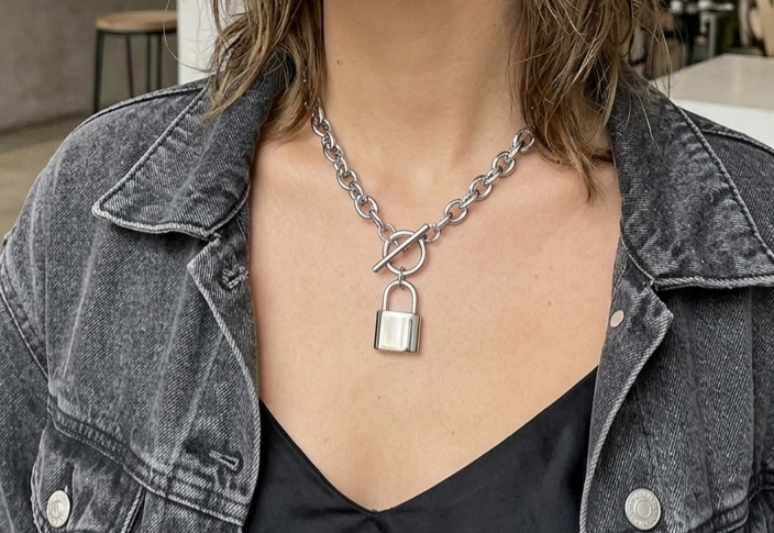 Silver Chunky a TBar  Padlock Chain
