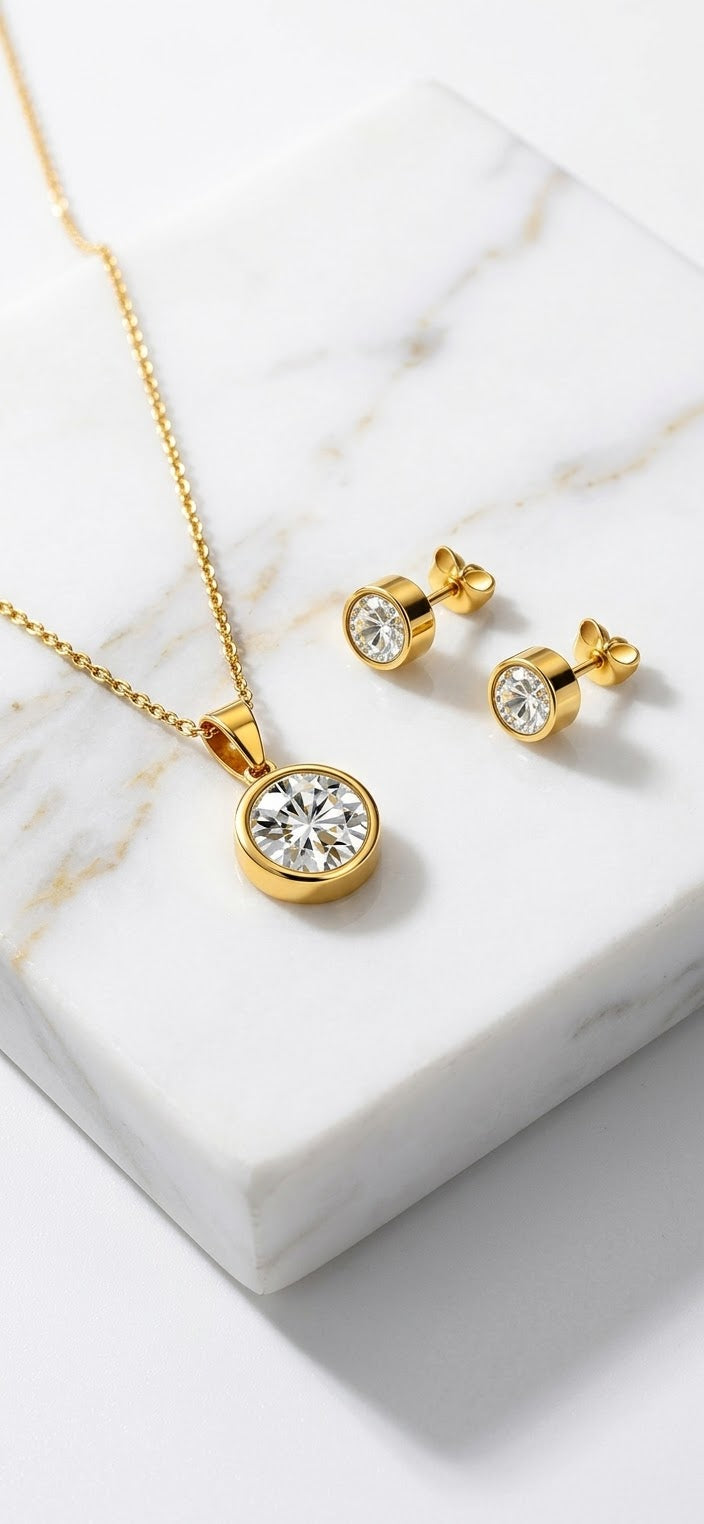 Cubic Zirconia Gold Pendant and Earrings Set
