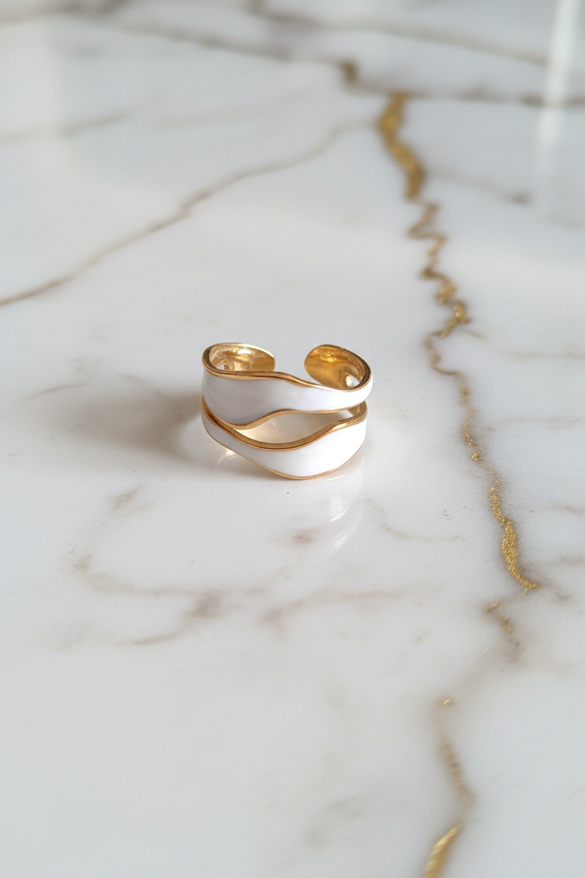 Double Band White and Gold Shell Effect Ring