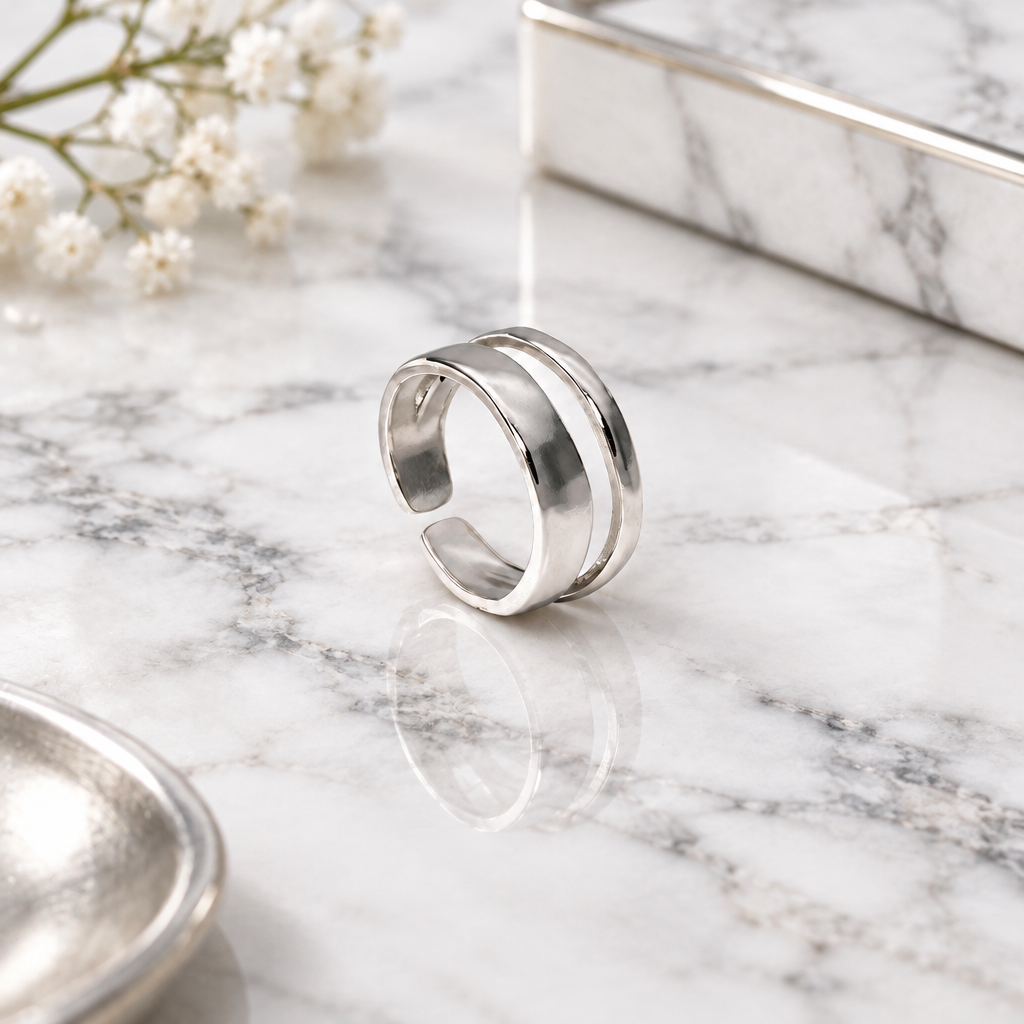 Silver Double Layer Open Bar Ring
